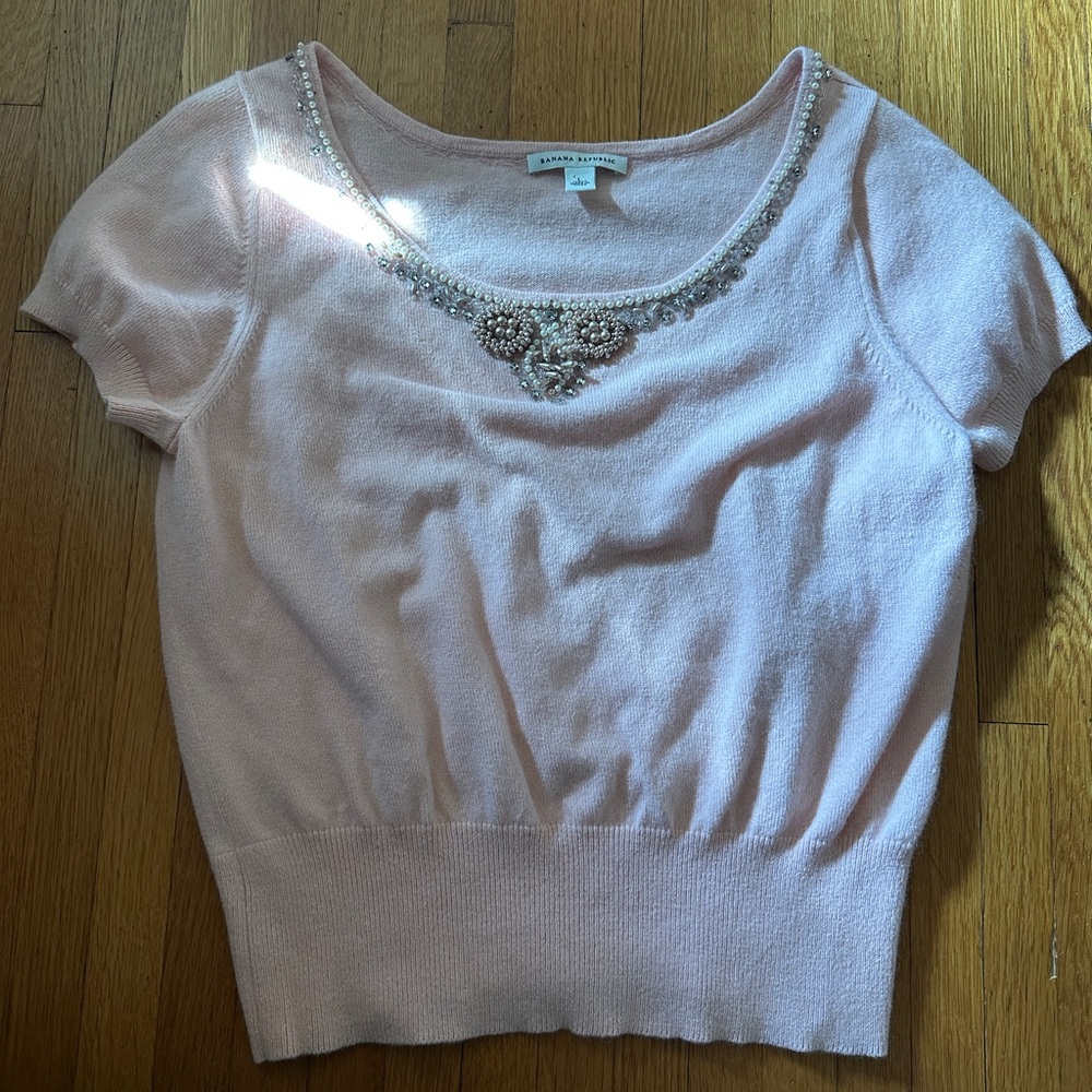 Banana Republic Romantic Beaded Angora & Cotton Short Sleeve Sweater, Size L